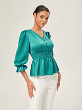 abordables Chemises et blouses-élégant chemisier cintré en satin vert lac