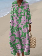 tanie Sukienki kwiatowe-Damskie Sukienka maxi Sukienka letnia Sukienka A line Urlop Codzienny Boho Impreza Wyjściowe Plaża Kwiaty Graficzny Długi rękaw W serek Szarozielony Rumiany róż Fioletowy Ecru Lato Wiosna