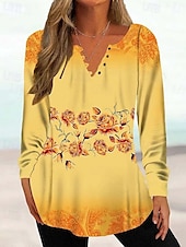 billige Tunika topper-Kvinne Tunika Skjorte Henley Skjorte Bluse Tunika Basic Blomster Knappe Print Lang Erm Regular Tops Rund Hals Casual Ferie Gul Rosa Grønn Grå Lys Blå Vår  Høst