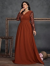 cheap BLUE-A-Line Plus Size Dresses Elegant Curve Dress Formal Wedding Floor Length Long Sleeve V Neck Chiffon with Sequin