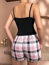  Dames Pyjamaset Casual Comfortabel Hart Raster / Plaid Brief Elastische taille Strap Top Korte broek Huis Dagelijks Mouwloos hihnat Zwart Wit Goud Bruin Zomer Normale pasvorm