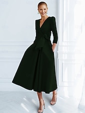 preiswerte Cocktailkleider-A-Linie Cocktailkleider Elegantes Kleid Formal Knöchellang 3/4-Ärmel V-Ausschnitt Tasche mit Schleife(n) Rüschendresses