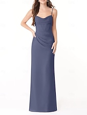 baratos Vestidos para Madrinhas-Vestido de dama de honra em corte A, decote em V / alças finas, sem mangas, elegante, longo, charmeuse com fenda frontal / franzido 2025