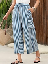 abordables pierna ancha y cintura alta-Mujer Perneras anchas Chinos Moda Ropa de calle Longitud total Alta cintura A Rayas Bolsillo Cintura elástica Estampado Confortable Suave Cómodo Microelástico Exterior Calle Azul Naranja Marrón Verde