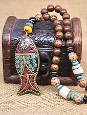 abordables Bijoux pour hommes-Collier pendentif en perles tribales pour homme – perles ethniques en bois faites à la main avec des accents turquoise, style bohème pour une tenue décontractée, de yoga, de méditation ou de festival