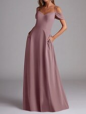 baratos Vestidos para Madrinhas-Vestido de Madrinha A-Line Alça Fina Manga Curta Elegante Comprimento Total Chiffon com Cor Sólida 2025