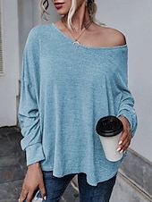 abordables Hauts Unis pour Femmes-Femmes Chemisier Uni Occasionnel manche longue Col en V Hauts Réguliers Quotidien Fête Sortir Ourlet asymétrique Bleu Poudré Violet Bleu clair Été