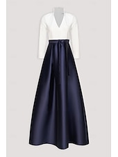 abordables Robes de Soirée-Robe de soirée en A noir et blanc élégante robe formelle invitée de mariage longueur de sol manches longues décolleté en V satin avec poches et nœud(x)
