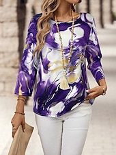 billige Kvinnenes Kunst &amp; Design Topper-Dame Bluse Grafisk Marmortrykk Elegant Bohem Årgang 3/4 ermer Crew-hals Vanlige topper Daglig Ferie Ferieklær Trykt mønster Rød Blå Lilla Grønn Sommer Vår