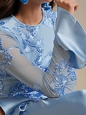 preiswerte BLAU-Blauer Bogen Spitze A-Linie Abendkleid Elegantes Kleid Formelles Hochzeitskleid Bodenlang Lange Ärmel Rundhals Stretchmaterial