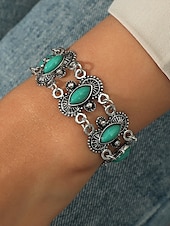 billige Damearmbånd-Dame vintage bohemsk armbånd med turkis stein – antikk sølvbelagt kjedeledddesign til hverdagsbruk, fester og gaver