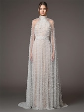baratos BRANCO-Vestidos de quinceanera em A-line vestido elegante casamento convidada de casamento comprimento do chão mangas longas gola alta tule costas nuas com pregas