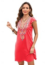 ieftine Rochii Boho-Pentru femei Rochie Mini Rochie casual Modă Modern Rochie eleganta Beretă Nuntă Zilnic Dată Fit regulat Floral Broderie Fără manșon În V Negru Roșu-aprins Mov Vară