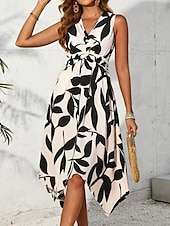 preiswerte Elegante Blumenkleider-Damen Midikleid Blumenkleid Druckkleid Mode Klassisch Modern Outdoor Urlaub Täglich Normale Passform Blume Ärmellos V Ausschnitt Rosa Blau Aprikose Sommer