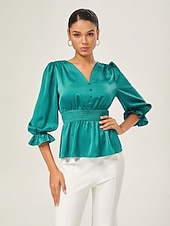 abordables Chemises et blouses-élégant chemisier cintré en satin vert lac