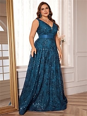 preiswerte SCHWARZ-A-Linie Plus Size Kleider Elegantes Kurvenkleid Formelles Hochzeitskleid Bodenlang Ärmellos V-Ausschnitt Spitze mit Pailletten 2025