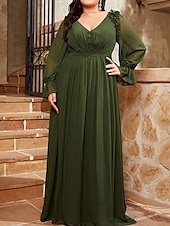 preiswerte GRÜN-A-Linie Abendkleid Elegantes Kleid Formelles Hochzeitsbodenlänges Lange Ärmel V-Ausschnitt Chiffon V-Rücken mit Falten