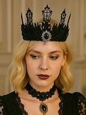 billige Maskerade Tilbehør-gotisk svart blondekronepannebånd med edelstensanheng til dame, Halloween-festdronningtiara, kostymetilbehør i vintagestil for voksne