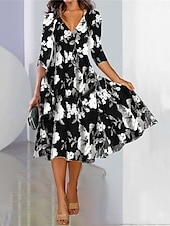 abordables Robe Fleurie-Femmes Robe maxi Robe trapèze Robes semi-formelles Bureau Coupe régulière Fleuri Manche 3/4 Col en V Noir Bleu Violet Vert Printemps Automne