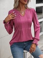abordables Hauts Unis pour Femmes-Femmes Chemisier Couleur Unie Élégant Occasionnel manche longue Col en V Hauts Réguliers Quotidien Froncé Noir Rose Claire Fuchsia Vert Été Printemps