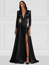 levne Koktejlové šaty-Black Tie A-Line večerní šaty elegantní šaty formální svatba délka po zem dlouhý rukáv V-výstřih elastický satén s třpytivým zdobením