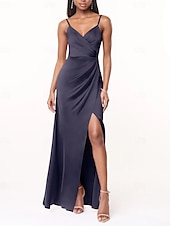 cheap Bridesmaid Dresses-A-Line Bridesmaid Dress V Neck / Spaghetti Strap Sleeveless Elegant Floor Length Charmeuse with Split Front / Ruching