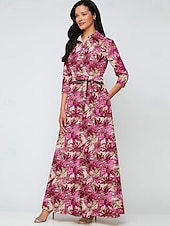 billiga Blommor-Jacquard Brokad A-linjeformad Kvällsklänning Elegant Klänning Formell Bröllop Golvlängd Lång ärm Skjortkrage Höstbröllopsgäst Nylon med Båge(r) Slits Pocket