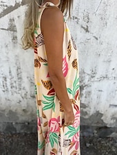 abordables Robes fleuries-Femmes Robe maxi Robe trapèze Robe Nuisette Vacances Occasionnel Boho Extérieur Sortir Coupe régulière Fleuri Sans manches Col en V Bleu Abricot Beige Été