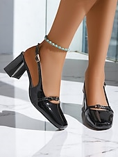 olcso Block Heels-női fekete lakkbőr blokk sarkú szandál szögletes orral, sikkes irodai cipők üzleti viseletre, hivatalos eseményekre és mindennapi ingázásra