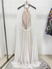 baratos BRANCO-Vestidos de quinceanera em A-line vestido elegante casamento convidada de casamento comprimento do chão mangas longas gola alta tule costas nuas com pregas