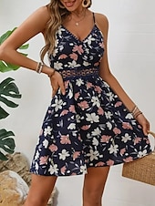 abordables Robes fleuries décontractées-Femmes Mini Robe Robe Fleurie Robe d&#039;été Robe Nuisette Robe Imprimée Classique Moderne Vacances Sortir Week-end Coupe régulière Fleur Sans manches Bretelles spaghetti Noir Bleu de minuit Été