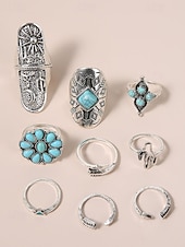 cheap Women&#039;s Rings-Women&#039;s Boho Vintage Turquoise Ring Set – 9-Piece Antique Silver Adjustable Midi Rings for Gypsy Festival, Beachwear and Casual Styling