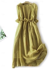cheap Design Cotton &amp; Linen Dresses-Women&#039;s Maxi Dress Cotton Linen Dresses Casual Dress Swing Dress Cotton Maxi Dress Basic Casual Vacation Daily Regular Fit Plain 3/4 Length Sleeve Crew Neck Yellow Pink Summer