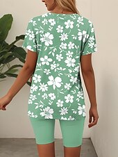 abordables Ensembles courts pour femmes-Femmes Mode T-shirt Ensembles de Shorts Manche Courte Col en V Fleuri Graphique Imprimé Occasionnel Quotidien Bleu Violet Vert Été Coupe Ample