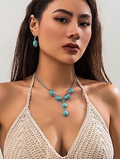 economico Collana da donna-Set di gioielli da donna in turchese – collana con ciondolo ovale vintage placcato argento e orecchini pendenti per stile boho, festival estivi e feste in spiaggia