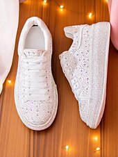 baratos Ténis de mulher-Tênis plataforma feminino branco com strass - sapatos de festa brilhantes com cadarço e detalhes em cristal para a vida noturna e para baladas