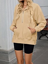 abordables Sweatshirts et Hoodies Texturés-Femmes Sweat à capuche Uni Streetwear Occasionnel Confortable manche longue À capuche Hauts Réguliers Rue Fête Sortir Poche Avant Quart de zip Noir Rose Claire Bleu Kaki Gris Automne