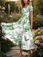 preiswerte Blumenkleider-Damen Maxikleid Freizeitkleid A Linie Kleid Sommerkleid Elegant Urlaub Lässig Normale Passform Grafik Blatt Vogel Kurzarm Quadrathals Rundausschnitt Schwarz und Weiß Gelb Rote Blau Sommer Herbst