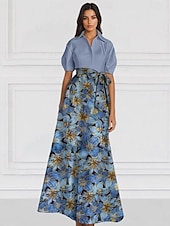 economico FLORALI-Abito da sera elegante A-Line in broccato jacquard floreale con colletto a camicia e tasca in nylon con tasca