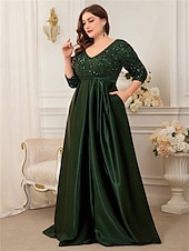 preiswerte GRÜN-A-Linie Plus-Size Kleider Elegantes Kurvenkleid Formelle Hochzeit Bodenlänge 3/4 Länge Ärmel V-Ausschnitt Satin mit Pailletten