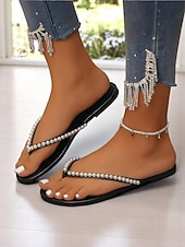 cheap Slide Sandals-Women's Pearl Embellished Flip Flop Sandals - Casual Chic Thong Flats for Daily Outings and Summer Dates