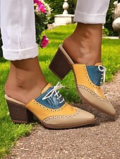 abordables Années 1950-Mules à talons Oxford colorblock pour femmes – chaussures brogues rétro à bout golf pour les amatrices de vintage, les tenues de bureau et les sorties décontractées
