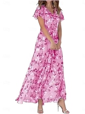 abordables Robes fleuries-Femmes Robe maxi Robe trapèze Vacances Occasionnel Boho Extérieur Sortir Coupe Standard Fleuri Manche Courte Col en V Bleu Ciel Bleu Fuchsia Vert Été