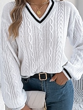 preiswerte Einfarbige Farben-Damen Pullover Lässig Farbblock Gerippt V Ausschnitt Patchwork Gestrickt Langarm Normale Oberteile Stricken Täglich Ferien Ausgehen Weiß Blau Herbst