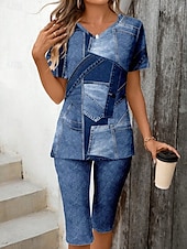 abordables Ensembles courts pour femmes-Femmes Mode Élégant T-shirt Ensembles de Shorts Manche Courte Col en V Graphique Géométrique 3D Patchwork Imprimé Décontracté Quotidien Noir Bleu Encre Bleu clair Été Coupe régulière