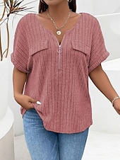 levne Trička nadměrná velikost-Dámské Plus velikost Topy Tričko Pevná barva Zip Kapsy Krátký rukáv Do V Módní Šik ven Na běžné nošení Denní Víkend Polyester Léto Podzim Světlá růžová Fialová