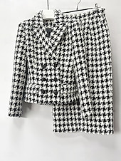preiswerte Mamas Kleidersets-Hahnentrittmuster Kleid Sets Brautmutter Kleid Elegant Einfach Revers Knie Länge Doppelreiher Blazer Langarm