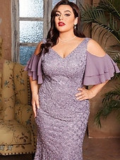 preiswerte lila-Meerjungfrau  Trompeten Abendkleid elegantes Kleid formelle Hochzeit bodenlang kurzer Ärmel V-Ausschnitt Spitze mit Stickerei