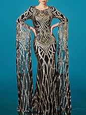 abordables Robes de bal-Robe de soirée en forme de sirène/trumpet élégante mariage longue à partir du sol à manches longues col rond en satin sequins avec fente