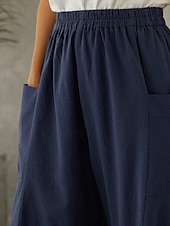 abordables Pantalon uni en coton et lin-Femmes Pantalon en coton et lin Culottes Jambe Large Jambe large Mode Occasionnel Longueur complète Taille Moyenne Uni Taille Élastique Respirant Confortable Micro-Élastique Rue Tenue quotidienne